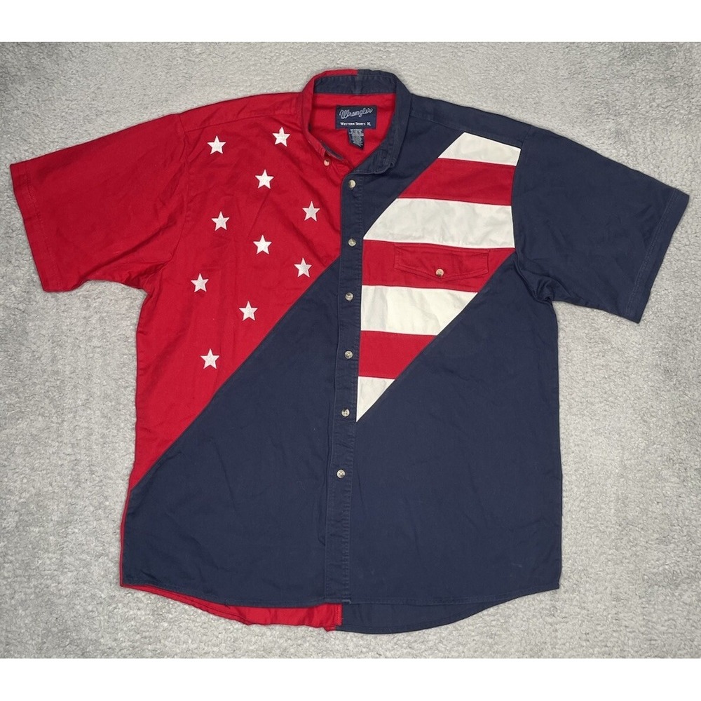Wrangler Western Shirt Mens XL Short Sleeve Button Up Shirt American Flag Design